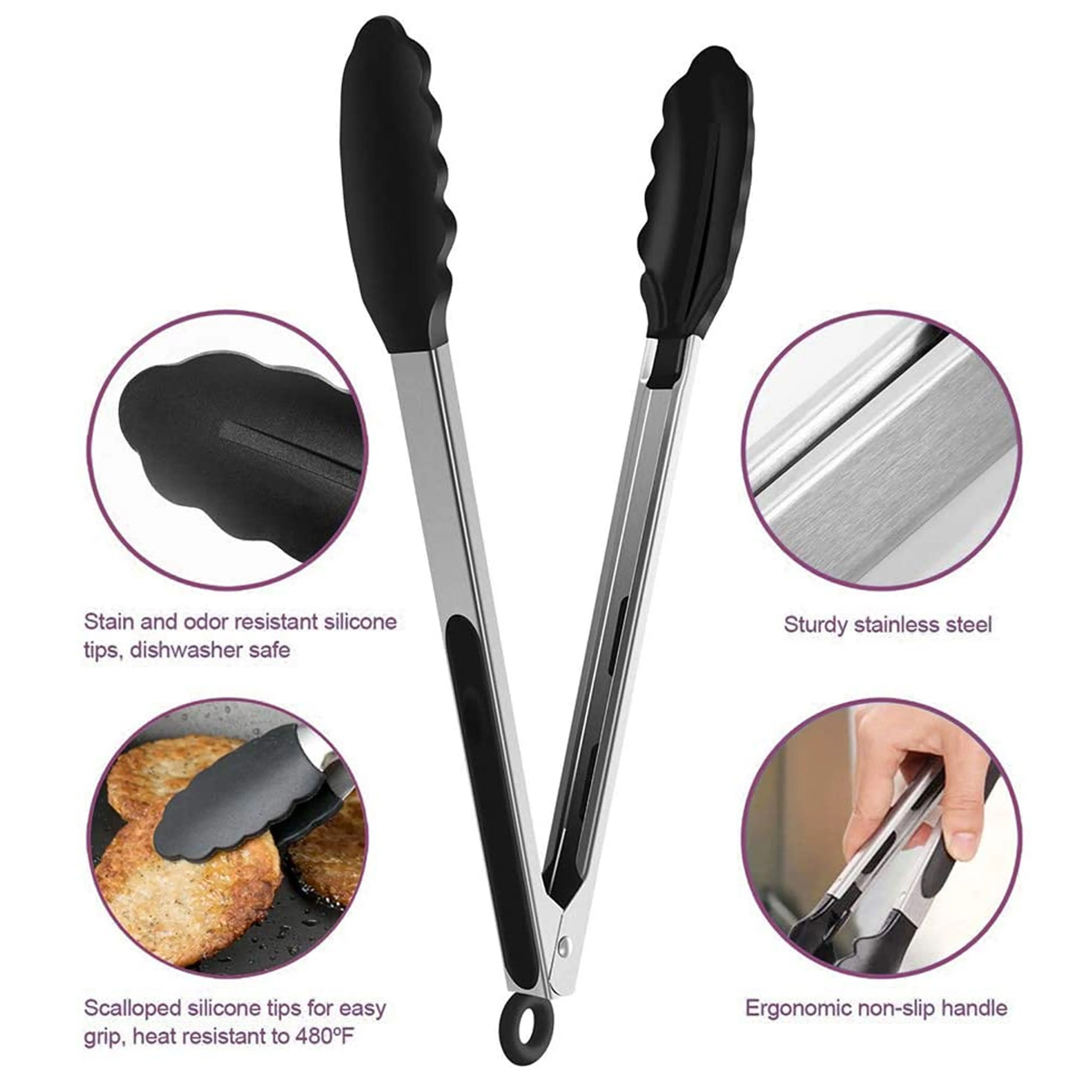 2pc Silicone Stainless Steel Kitchen Tongs Salad BBQ Heavy Duty Food Serving 12"