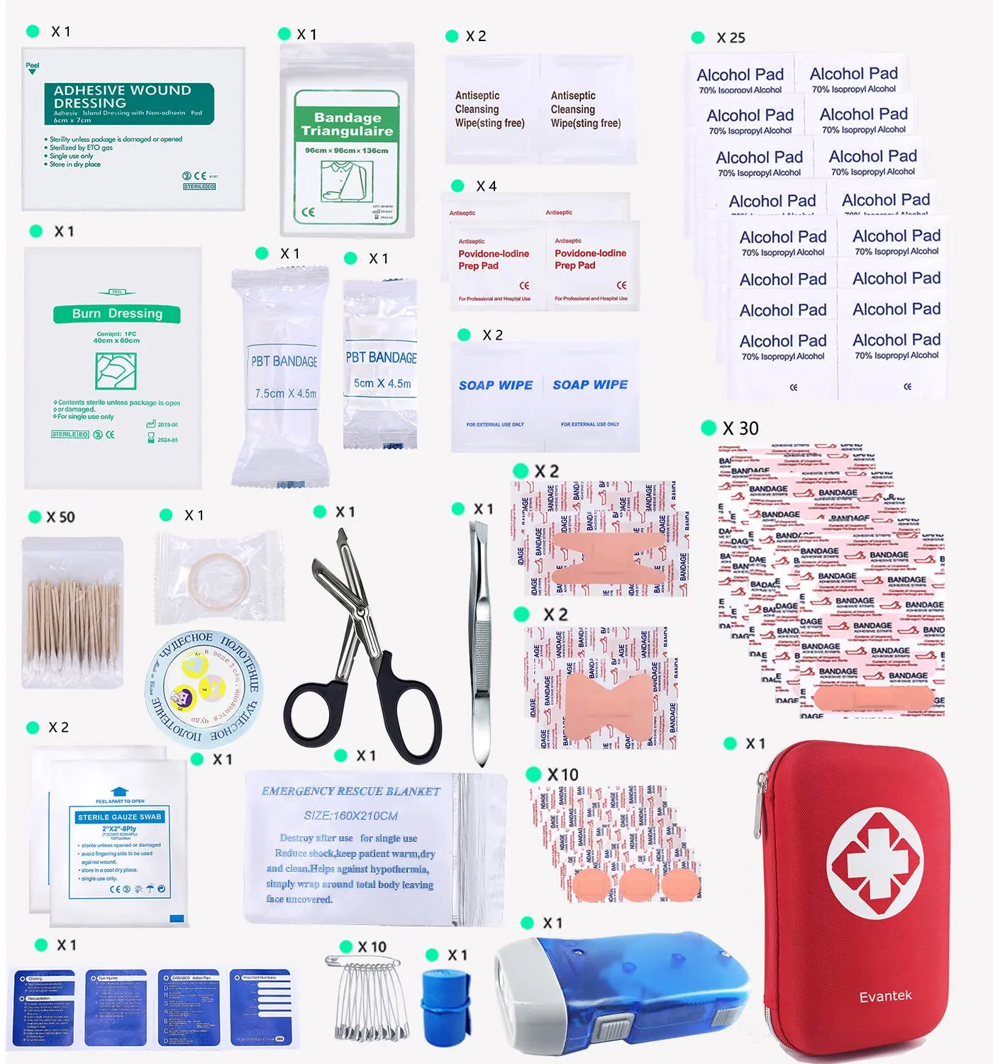Evantek First Aid Kit Medical Med - 155 Pcs Kit Waterproof Emergency Kit for Camping Hiking Home Outdoor Truck Vehicle Car Fishing Travel Biking (RED) 1