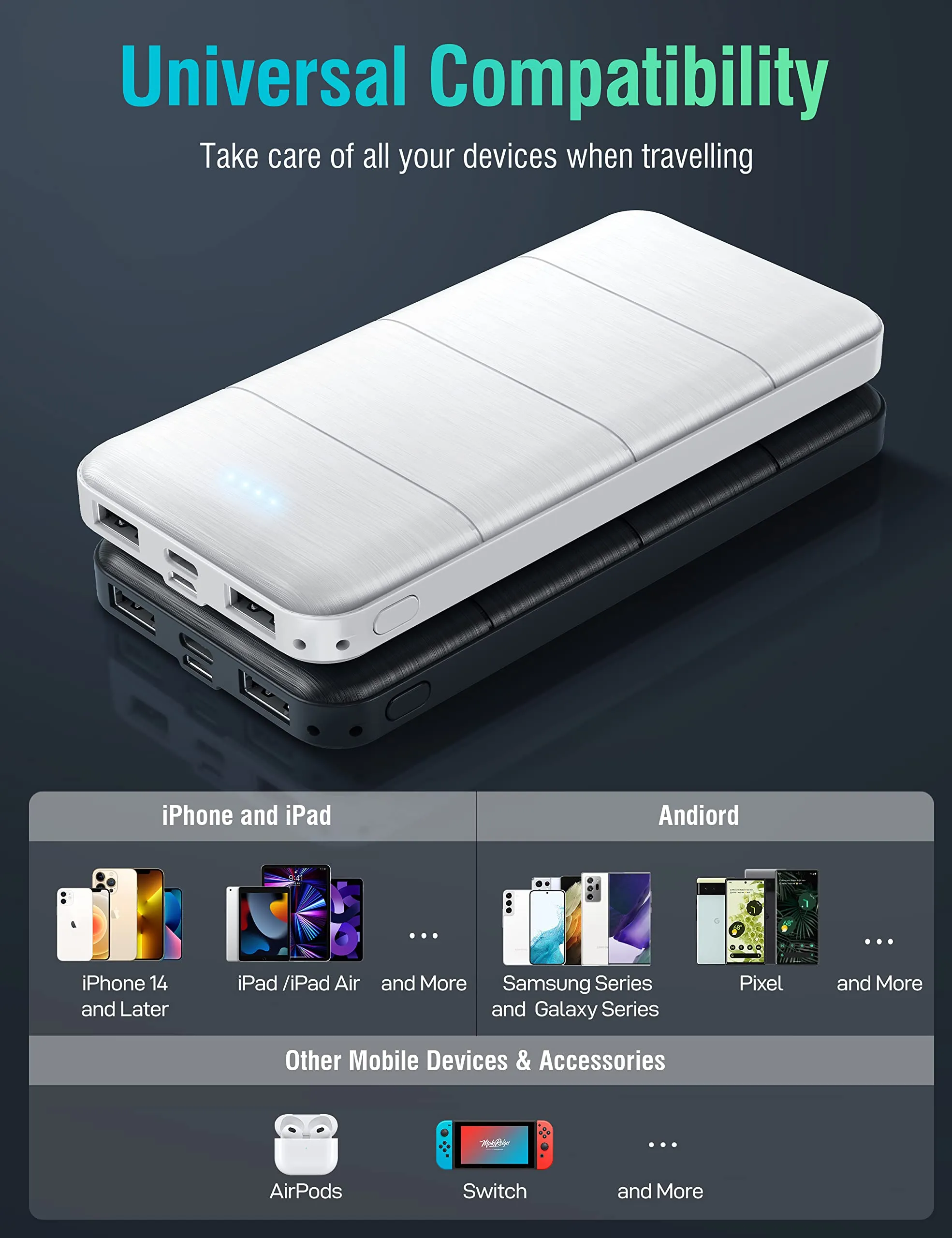 LOVELEDI Portable-Charger-Power-Bank - 2 Pack 15000mAh Dual USB Power Bank Output 5V3.1A Fast Charging Portable Charger Compatible with Smartphones and All USB Devices (Deep Black and White)