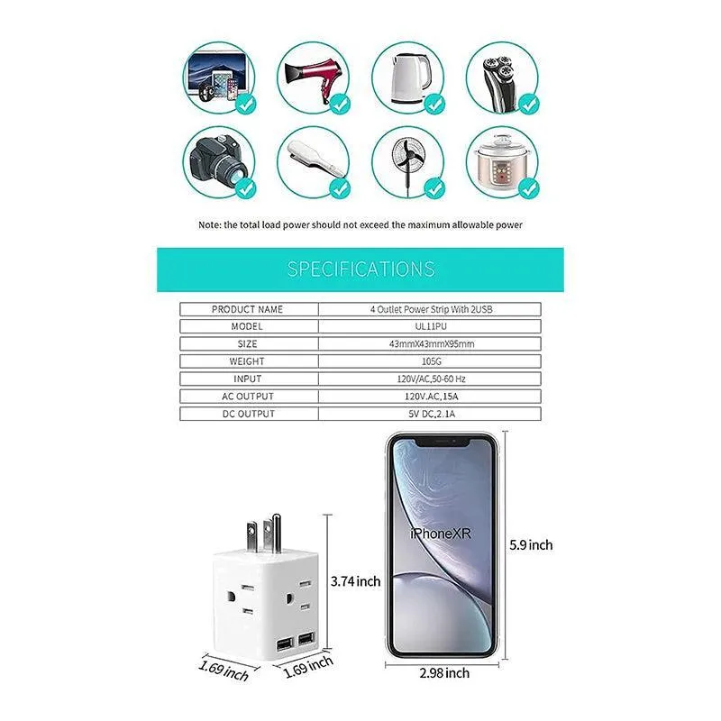 Multi Plug Adapter for Travel | 2 USB | 4 AC Plugs | Cruise Ship Approved - CruisePaks