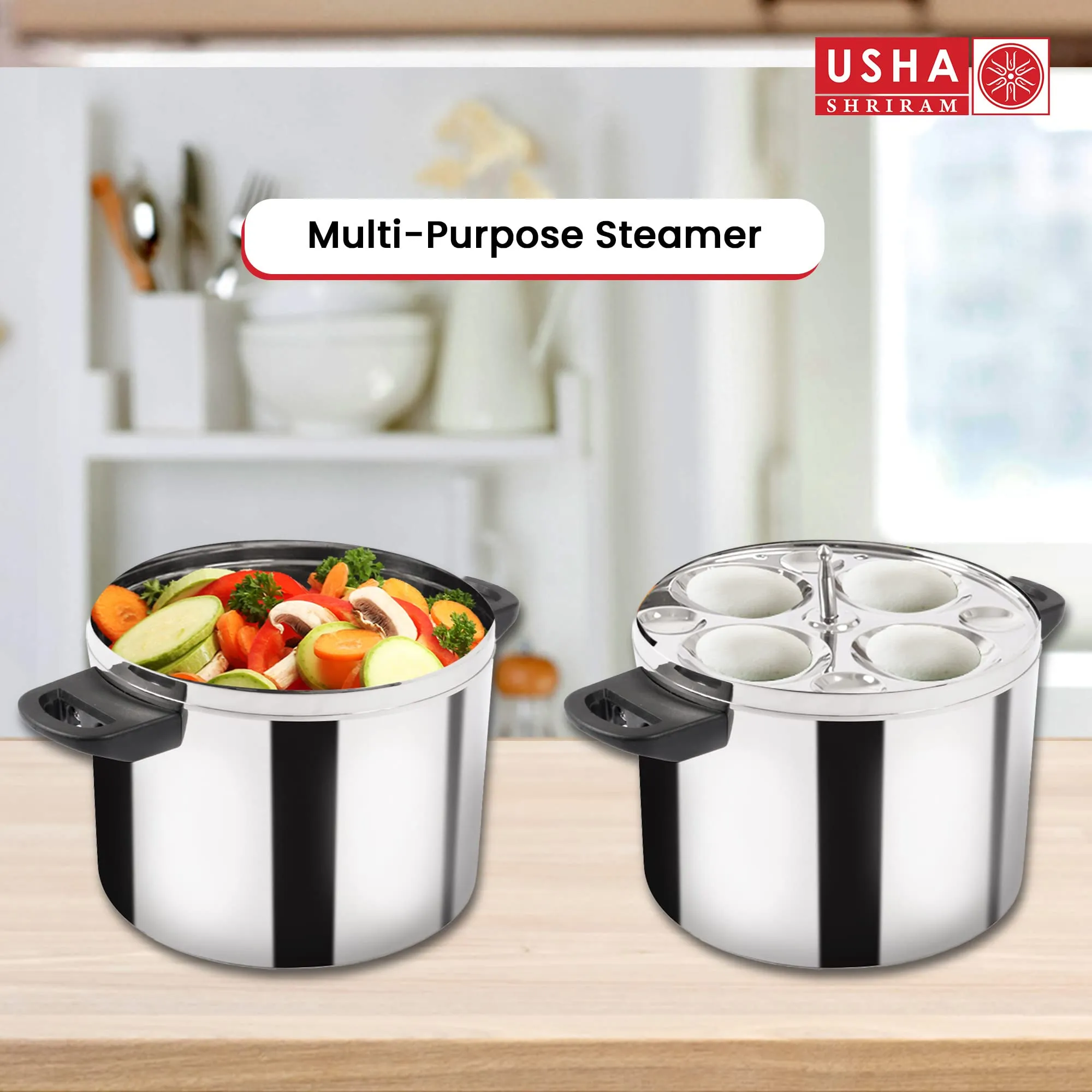 USHA SHRIRAM Stainless Steel Idli Cooker | Induction & Gas Friendly | Idly Maker with Stand | Steel Steamer For Cooking | Steamer For Vegetables Cooking (Round - 4 Plate)
