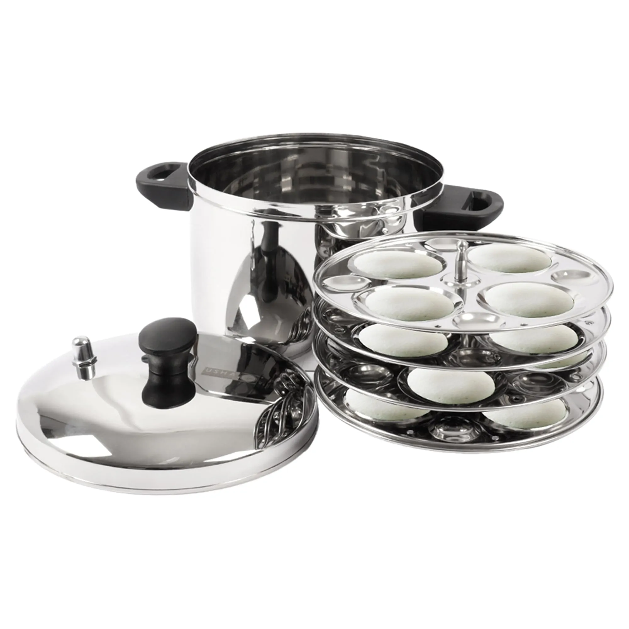USHA SHRIRAM Stainless Steel Idli Cooker | Induction & Gas Friendly | Idly Maker with Stand | Steel Steamer For Cooking | Steamer For Vegetables Cooking (Round - 4 Plate)