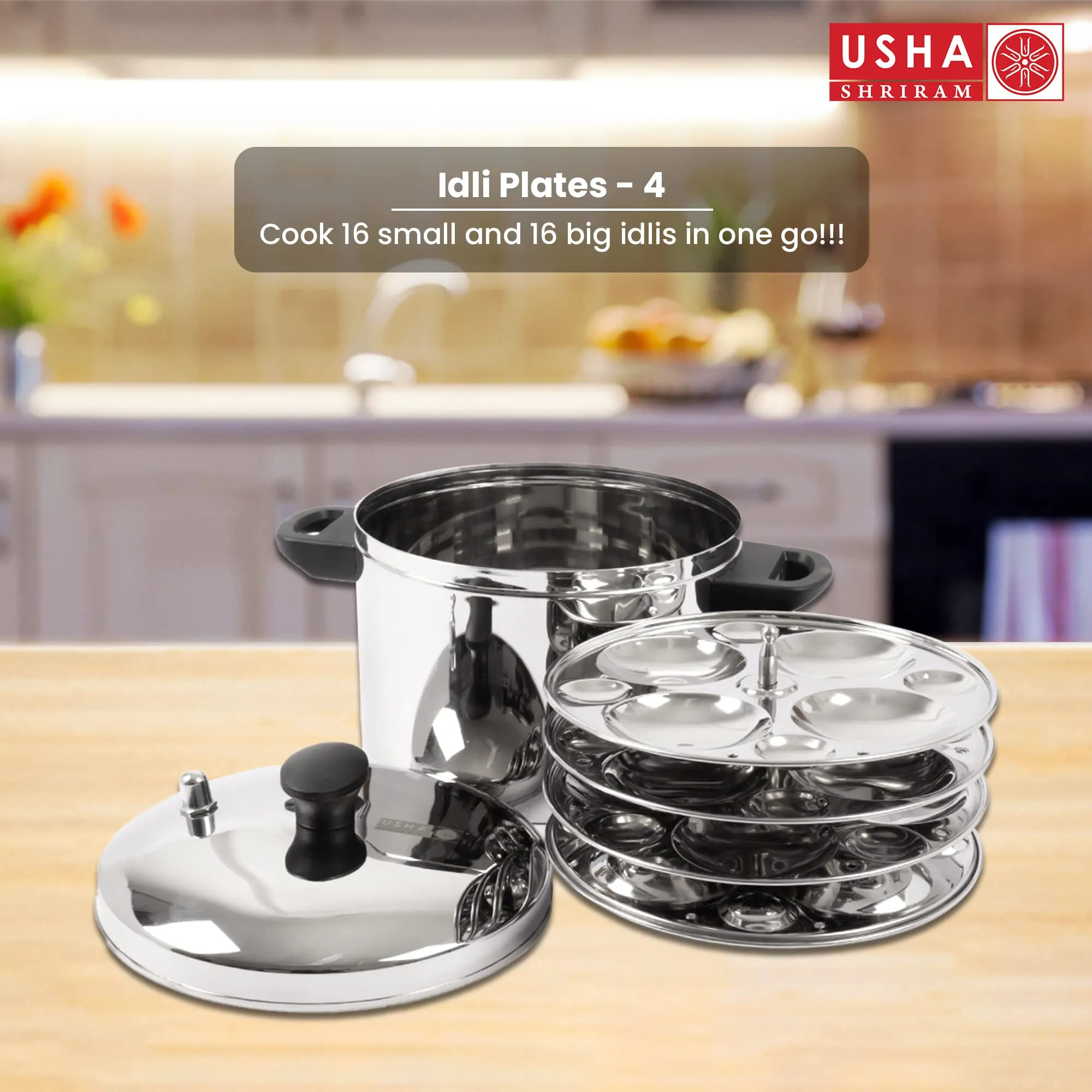 USHA SHRIRAM Stainless Steel Idli Cooker | Induction & Gas Friendly | Idly Maker with Stand | Steel Steamer For Cooking | Steamer For Vegetables Cooking (Round - 4 Plate)