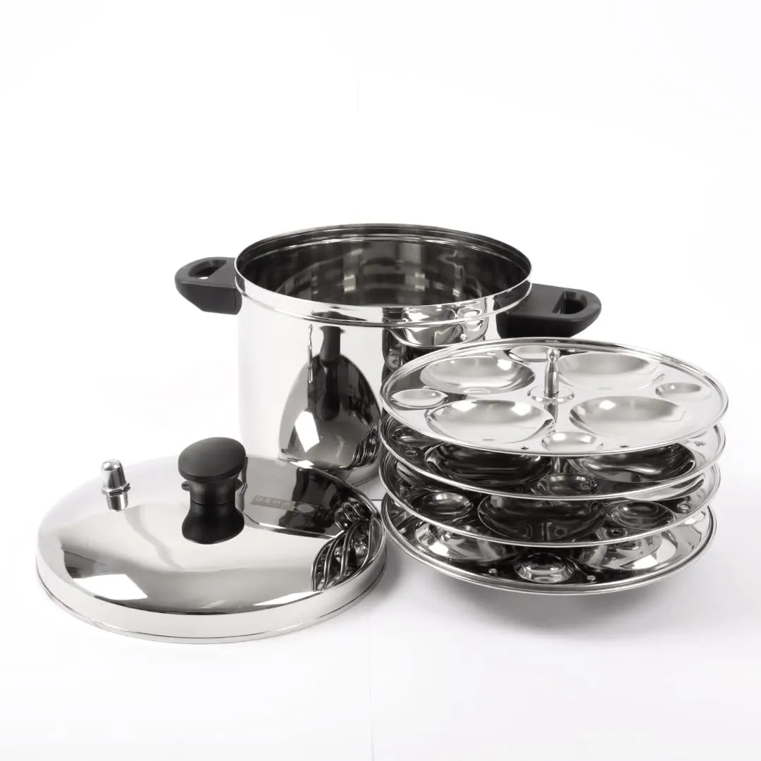 USHA SHRIRAM Stainless Steel Idli Cooker | Induction & Gas Friendly | Idly Maker with Stand | Steel Steamer For Cooking | Steamer For Vegetables Cooking (Round - 4 Plate)
